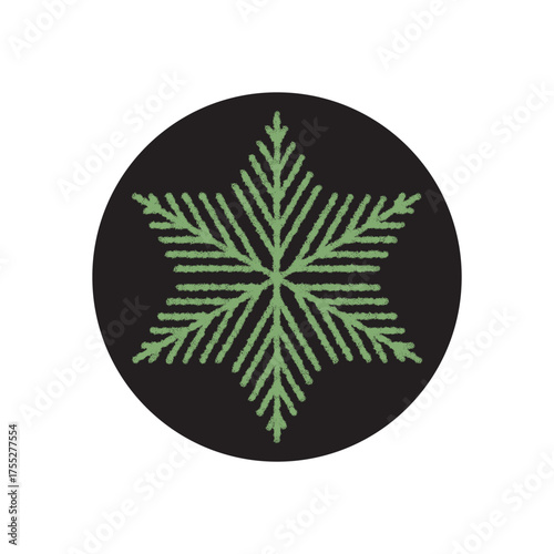 Crayon snowflake sticker on black round background with green frost and icy snow flake ornament. Winter icon as xmas holiday package freeze symbol, featuring classic ornament style.