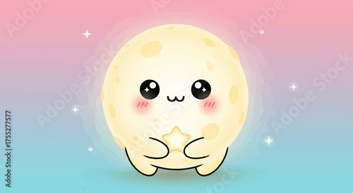 Cartoon moon character with cute face and star hands on colorful background
