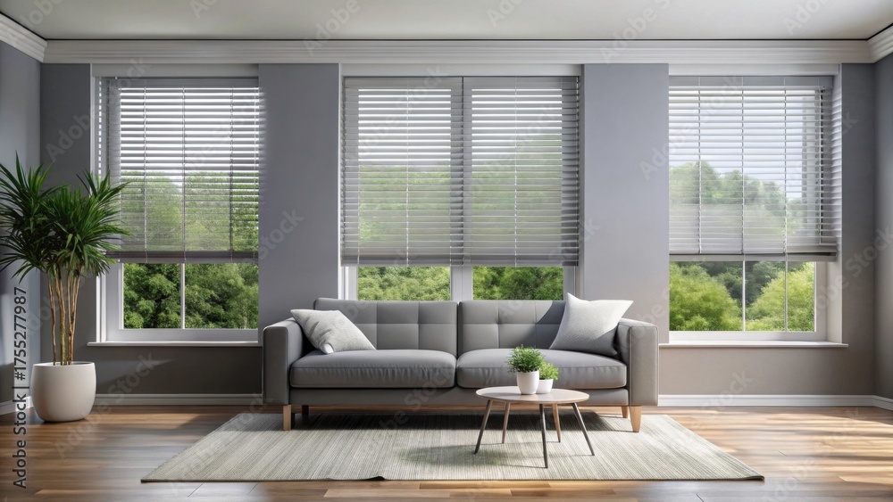 Fototapeta premium Modern Gray Roller Blind in Living Room with Shutters on Plastic Window, modern living room, minimalist furniture