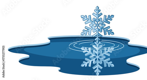 Delicate snowflake melting into a pool of water, creating ripples on a bright winter day, symbolizing the fleeting beauty of nature and the changing seasons.