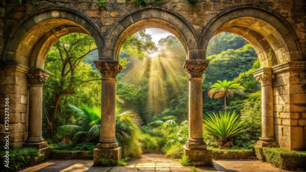 Fototapeta premium Ancient stone structure with two arches connected by a smaller arch at the top, surrounded by lush greenery and soft natural light filtering through , architectural wonders, natural beauty