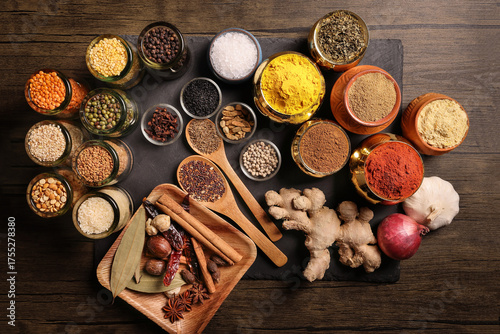 Overhead top view flat lay colourful array of spices herbs powder blue clay ceramic brass metal pot on dark black slate surface with a clean and neat appearance spice copy text space border frame
