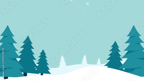 Minimal flat winter landscape animation featuring snowy hills, pine trees, and pastel foliage. Perfect for Christmas greetings, seasonal backgrounds, or festive promotional videos.