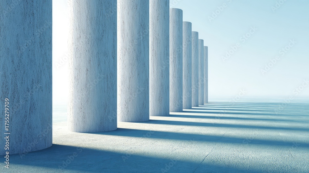 Fototapeta premium Serene Perspective of Abstract Columns Casting Shadows Beneath Soft Light in Minimalistic Artistic Setting Representing Space and Depth
