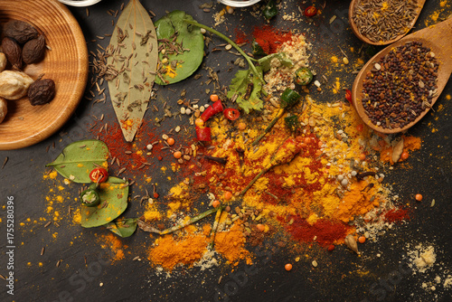 Overhead flat lay vibrant colourful spices herbs fresh produce vegetables legumes on wooden table spread splash smoking spice mix dark black slate metal clay pot palm leaf plate board copy text frame