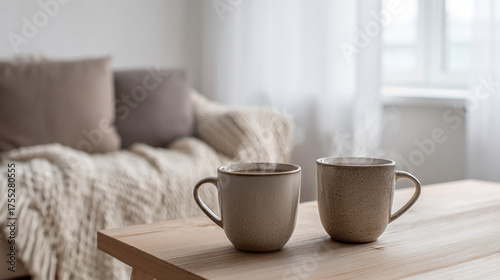 Cozy minimalist living room with two steaming hot cocoa mugs on light wooden table with soft daylight