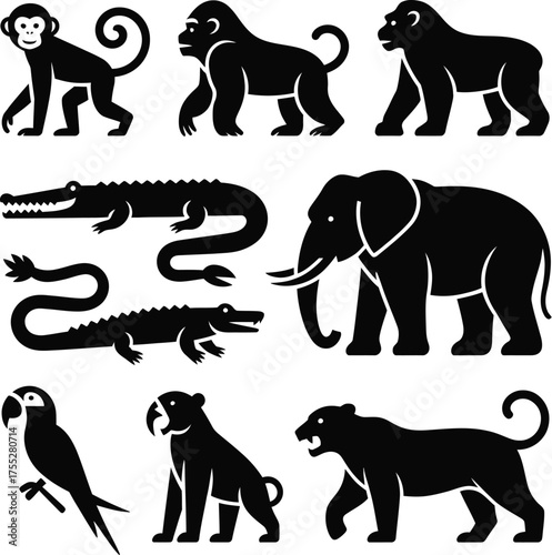 Primate reptile elephant bird feline mammal silhouette Bundle