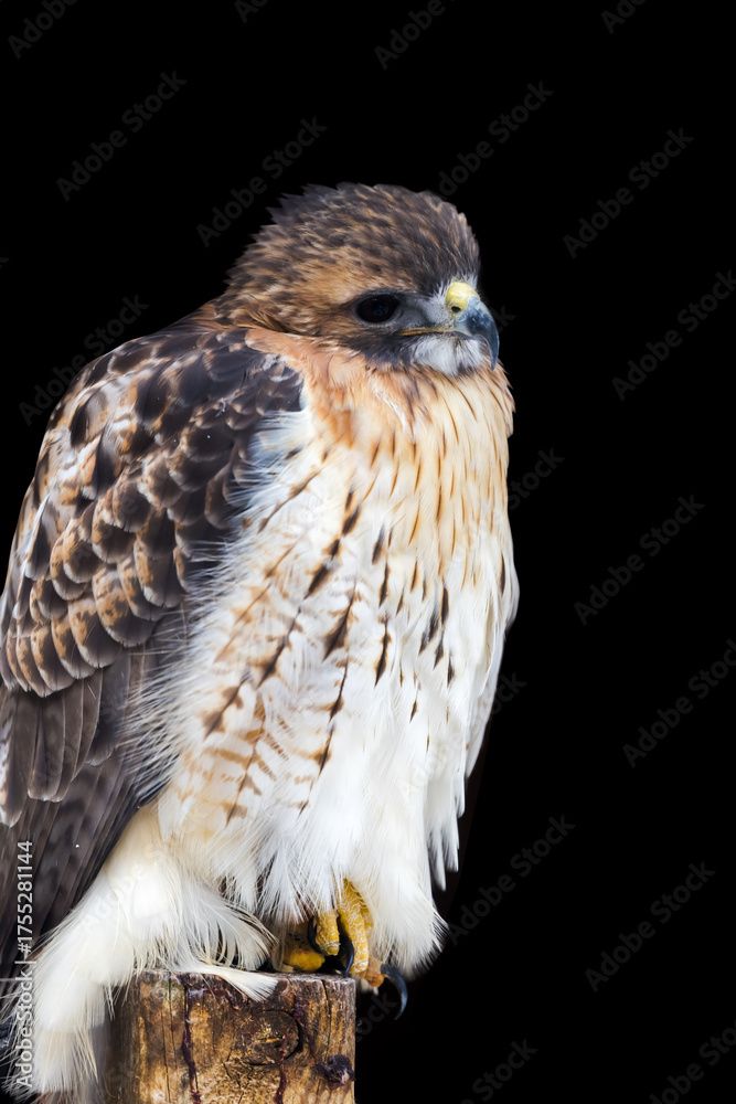 Naklejka premium Portrait of the Red shouldered hawk on a wooden post against black background.