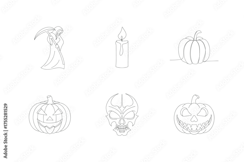 Fototapeta premium Halloween icons grim reaper candle skull pumpkins scythe
