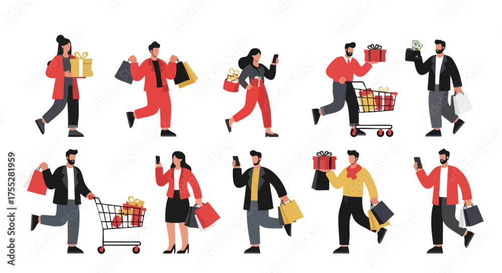 Obraz premium Holiday Shopping Vector Illustration, People Carrying Gifts and Bags, Modern Flat Design Characters