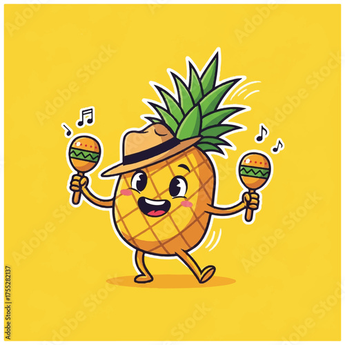 A pineapple cartoon character wears a hat plays maracas and dances on a yellow background