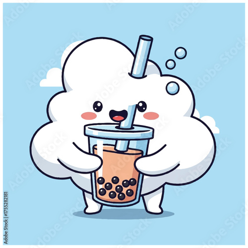 A cute cartoonish cloud character holds a drink with tapioca pearls