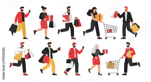 Black Friday Shopping Vector Illustration, People with Bags and Gifts, Holiday Sale Characters Collection