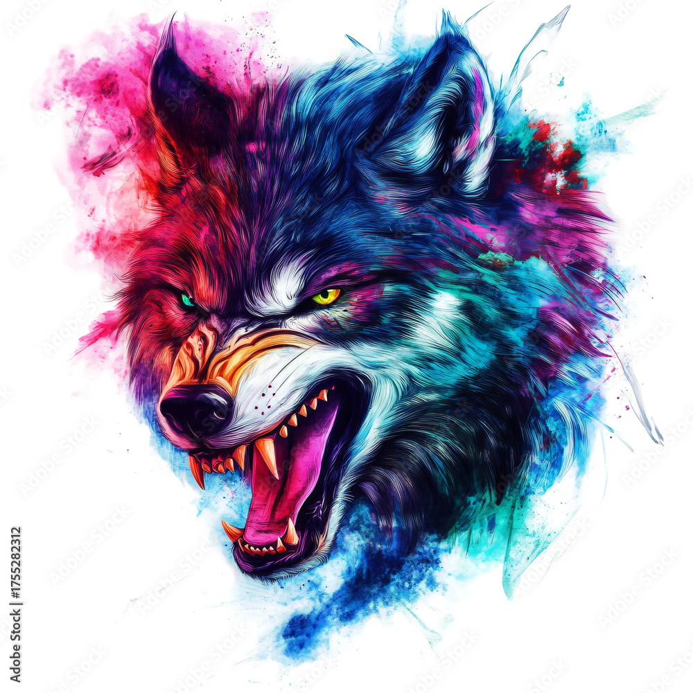 Fototapeta Vibrant Colorful Wolf Portrait Roaring Head