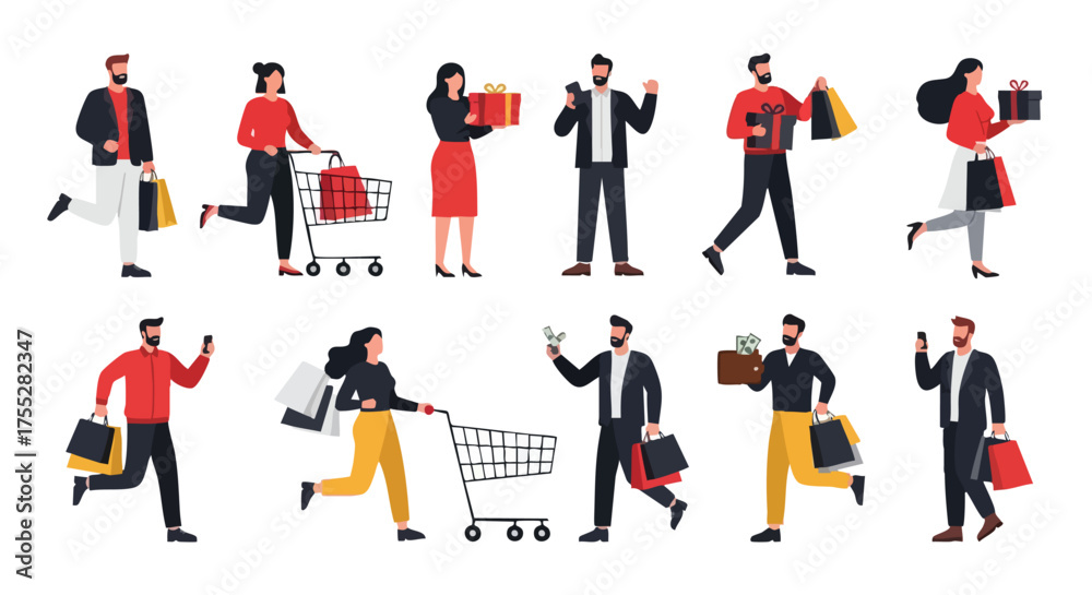 Naklejka premium Black Friday Shopping Vector, People with Bags and Gifts, Holiday Sale Illustration