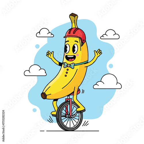 Banana on a unicycle wearing a helmet and bow tie Clouds and blue backdrop