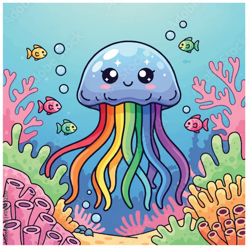 Cartoon jellyfish rainbow tentacles in a vibrant coral reef with fish  bubbles