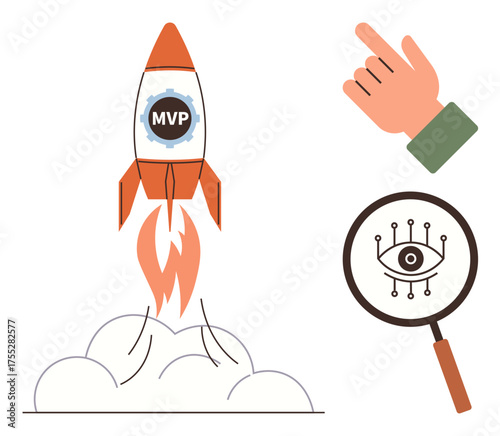 Rocket labeled MVP launching amidst smoke, pointing hand symbolizing direction, and magnifying glass with an eye for focus and analysis. Ideal for innovation, guidance, leadership, strategy, product