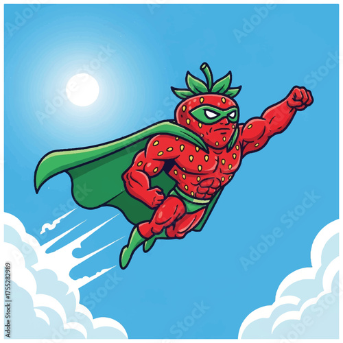 Cartoonstyle strawberry superhero flying in the sky