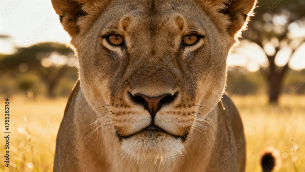 Obraz premium Lioness portrait with intense gaze and detailed fur in golden savannah setting. wildlife magazines, conservation campaigns, designed for wildlife conservation campaigns. 