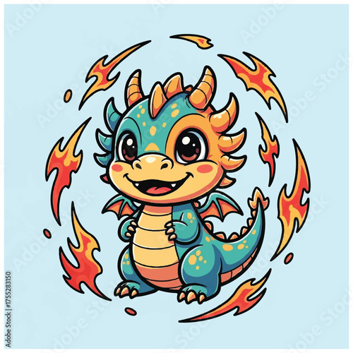 A cartoon dragon with orange yellow and blue scales smiles amid a circle of flames