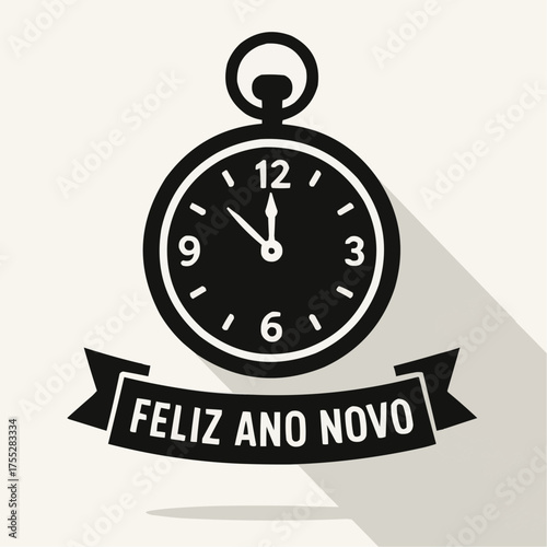 Vintage clock with banner Feliz Ano Novo