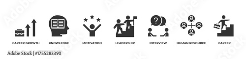 Knowledge to Leadership Icons set vector illustration  glyph with Career growth, Knowledge, Motivation, Leadership, Interview, Human resource, Career