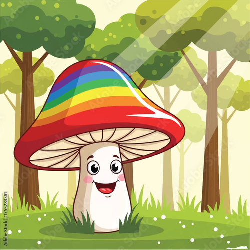 Cartoon mushroom with rainbow cap in a forest smiling and surrounded by grass