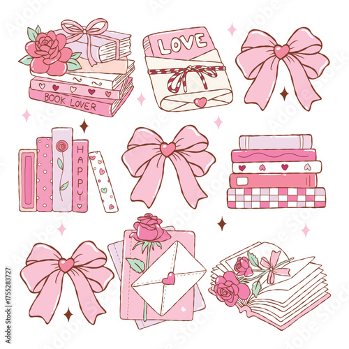 Romance Bookish Vector, illustrations of Valentine Book Club, Romantic Books, Roses and Cozy Love Aesthetic, Coquette Books Decoration Vector