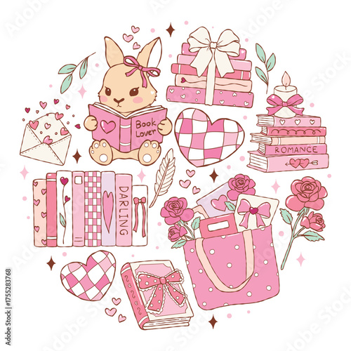 Valentine Bookish Vector, illustrations of Cute Bunny Reading, Romantic Books, Roses and Cozy Love Aesthetic, Coquette Books Decoration Vector