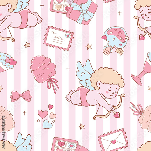 Valentine Cupid Seamless Pattern, Kawaii Angel Digital Paper, Trendy Pastel Valentine Fabric Design Vector