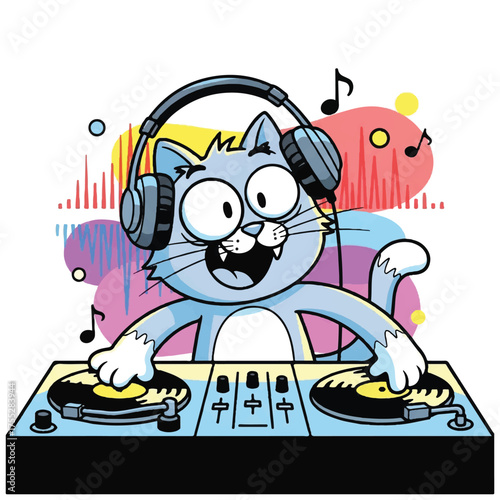 Cartoon cat wearing headphones playing music on a turntable