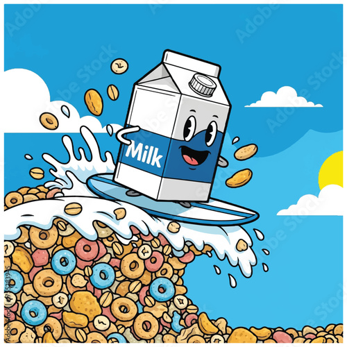 Cartoon milk carton surfing on a cereal wave against a blue sky