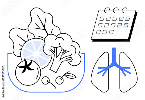 Bowl of vegetables, lungs diagram, calendar for scheduling. Ideal for health, fitness, nutrition, wellness, vegetarianism respiratory health medical care. Simple flat metaphor