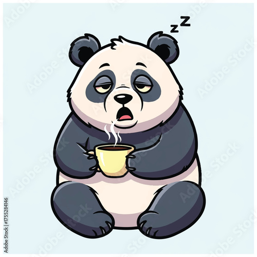 Panda holding steaming drink appearing tired cartoon style z above head