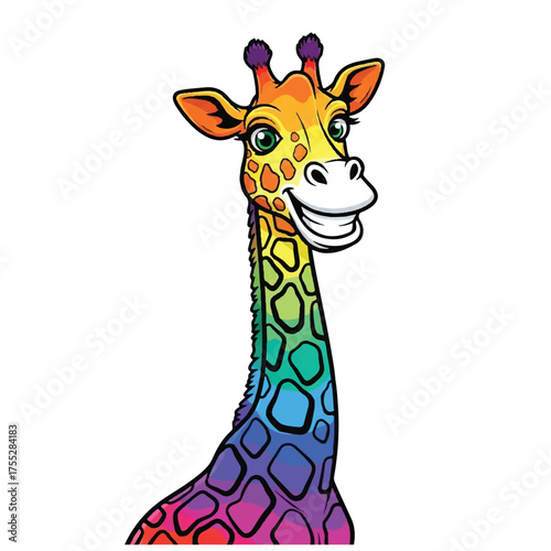 Cartoon giraffe with rainbow pattern on body smiling and staring