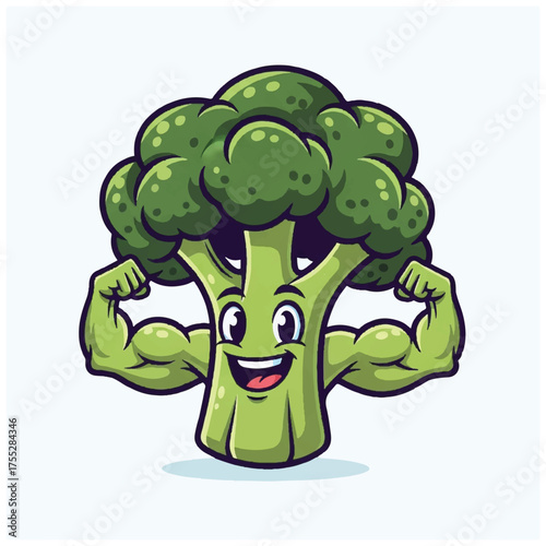 A cartoon broccoli character flexing muscular arms and smiling set against a plain light background