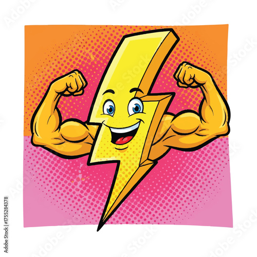 A yellow lightning bolt cartoon character flexing muscular arms against an orange and pink background