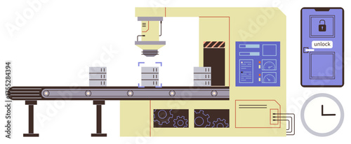Robotic arm stacking boxes on conveyor belt, control panel, gears, and timer. Ideal for automation, manufacturing, logistics, technology robotics innovation efficiency themes. Simple flat metaphor