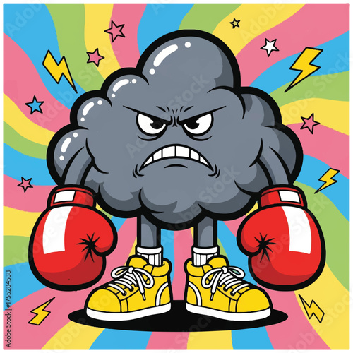 Grumpy gray cartoon cloud with boxing gloves standing in yellow shoes Striped colorful background with stars and lightning