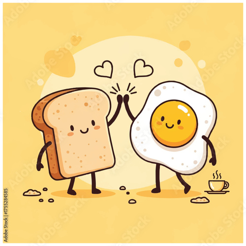 Cute toast  egg characters highfiving against a yellow background with hearts crumbs  a cup of coffee