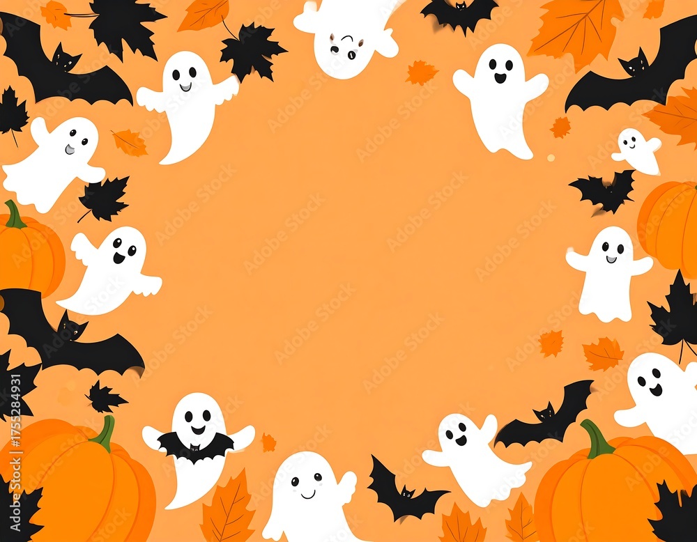 Naklejka premium Halloween Fun - Ghosts, Bats, Pumpkins, and Autumn Leaves Frame.