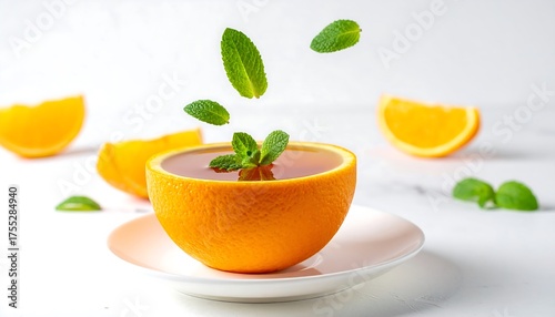 Refreshing Orange Drink with Mint Leaves on White Background.