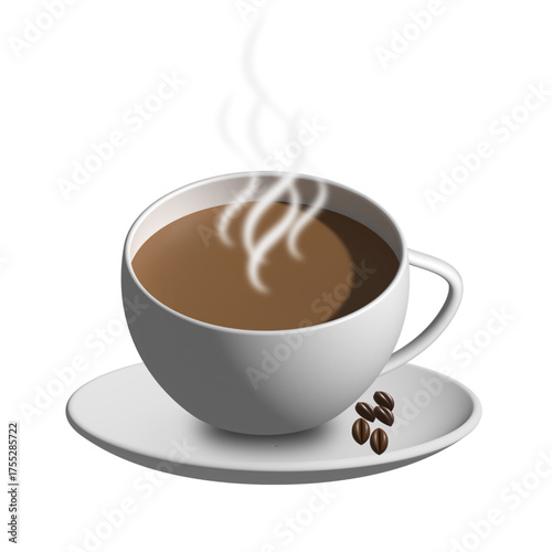 White cup of hot coffee with steam and coffee beans on a saucer beverage