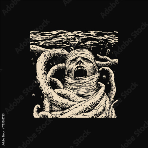Intense dark art illustration of a distressed mummy submerged underwater, struggling against the menacing grip of giant octopus tentacles