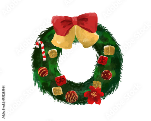 水彩のおしゃれなクリスマスリースのイラスト