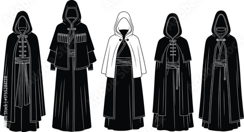Stylized cloak vector, hooded robe illustration, ceremonial garment design, layered costume art, fantasy fashion, character outfit concept, trim detail