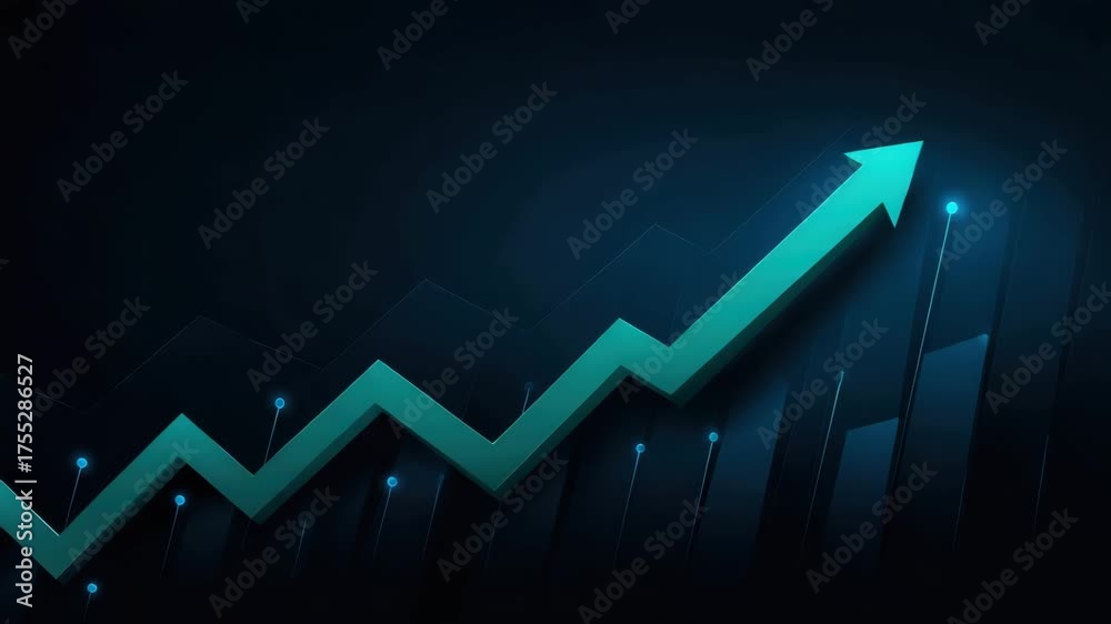 Blue arrow graph business growth financial chart upward trend data analysis success concept digital background dark theme glowing points abstract design rising financial increase digital chart