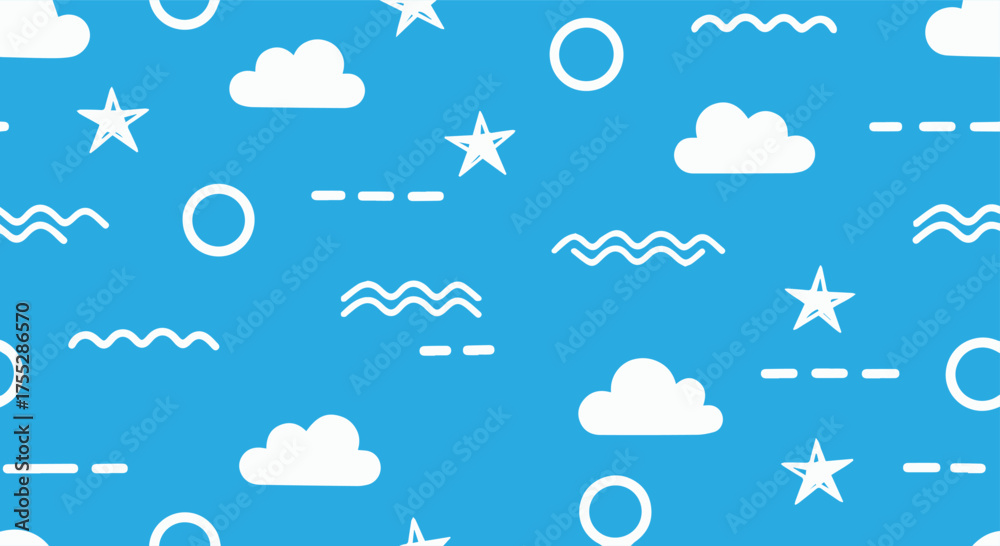 Obraz premium Whimsical white cloud and star pattern on blue background
