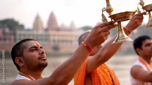Hindu Priests Perform Aarti Ceremony on Ganges River Bank at Sunset.